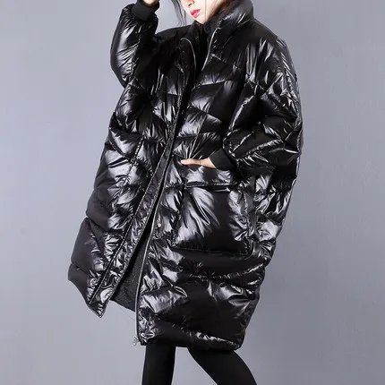 Модная женская куртка на утином пуху, Зимняя яркая верхняя одежда, длинная парка,, толстая, размера плюс, свободное, рукав летучая мышь, теплое пальто для женщин - Цвет: Black