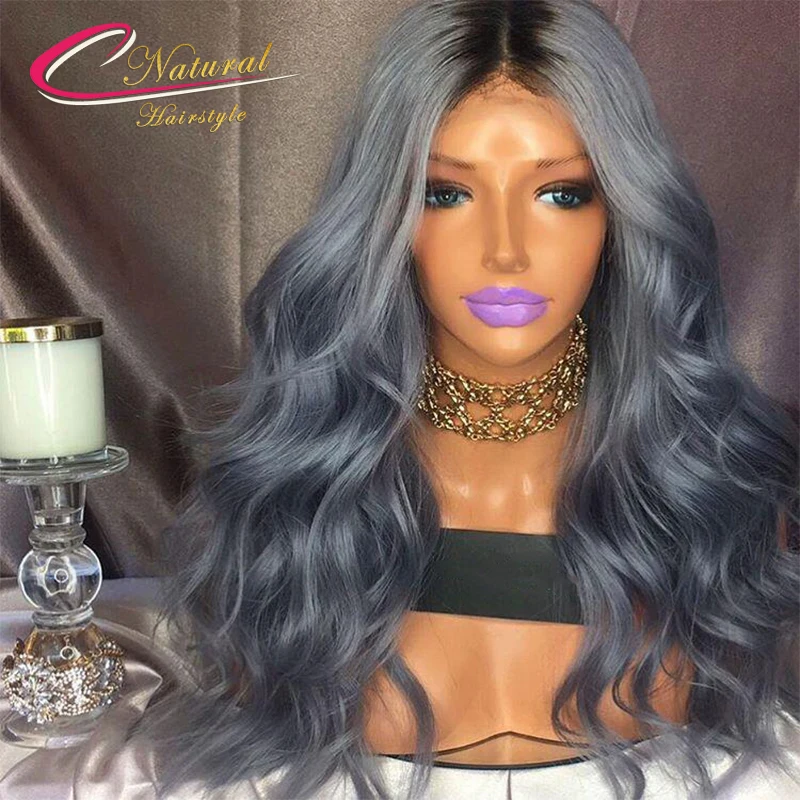 Ombre Grey Human Hair Full Lace Wig Dark Roots 1b Gray Brazilian Virgin