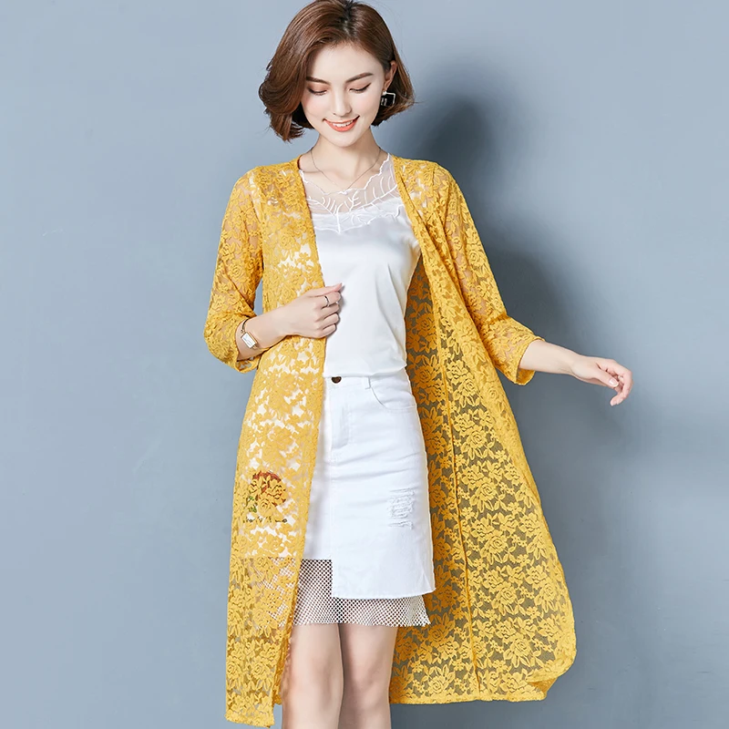 

YICIYA Women summer Cover Up yellow beach lace long shirt cardigan plus size clothing see through chiffon shirts sunscreen tops