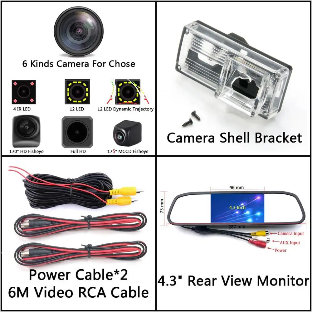 175 градусов MCCD Fisheye 12LED HD заднего вида Камера для Toyota Reiz Avalon XX10 Land Cruiser Prado 200 LC200 монитор автомобиля - Название цвета: Camera 4.3 Mirror