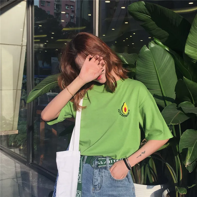 Летняя новая женская футболка в Корейском стиле ulzzang Harajuku с вышивкой авокадо