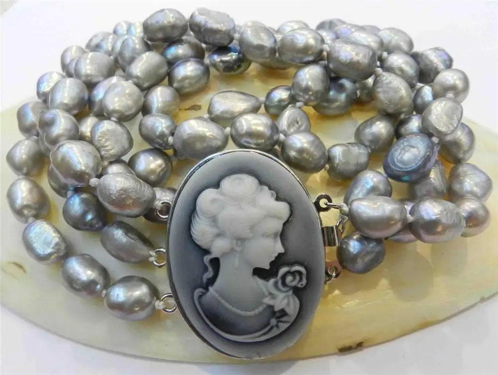 

3 ROWS SILVER GRAY REAL CULTURED PEARL NECKLACE EMBOSSED QUEEN'S AVATAR CLASP WW #@