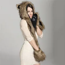 Теплые зимние шапки для женщин с изображением животных, волка, тигра, капюшон, шарф, шапка, перчатки, набор для девушек, шапки из искусственного меха, зимняя шапка, рождественские подарки 017