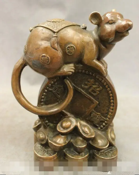 

S03838 Folk Chinese Bronze Copper Lucky Wealth Zodiac Fu Mouse On Coin YuanBao Statue B0403