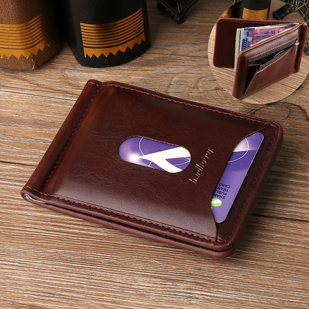 

High Quality 1Pcs 2019 Fashion Men Solid Thin Magnet Hasp Bifold Money Clip Leather Wallet ID Credit Men Purse Brand New Gifts
