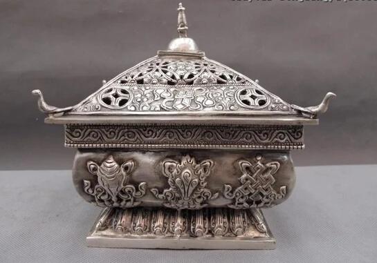 

S0252 Tibet Buddhism temple White Copper Silver Eight treasures Censer incense burner D0318