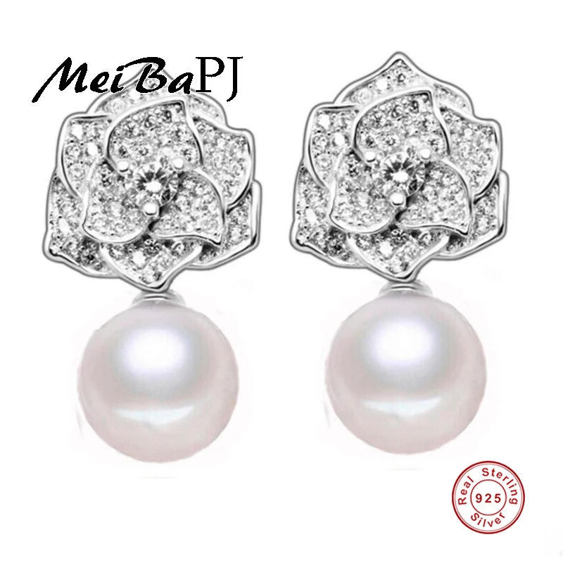 

[MeiBaPJ] AAAA Zircon rose earrings freshwater pearl s925 sterling silver stud earrings for women promotion item high quality