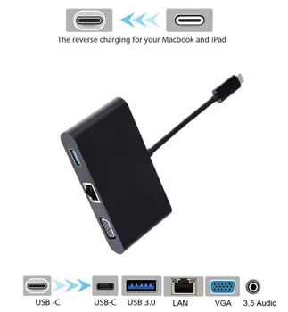 

1080P Type-C to USB3.0 + RJ45 LAN + VGA +Type-C PD CHarging +3.5mm Audio Port Adapter Multi-Port Type-C Converter