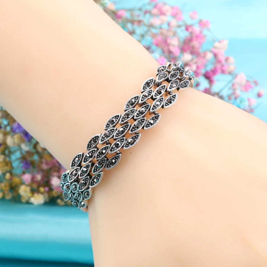 Kinel Bright Black Crystal Bracelet For Women Antique Silver Color Little Eye Link Bracelets Charm Vintage Jewelry crystal bracelet