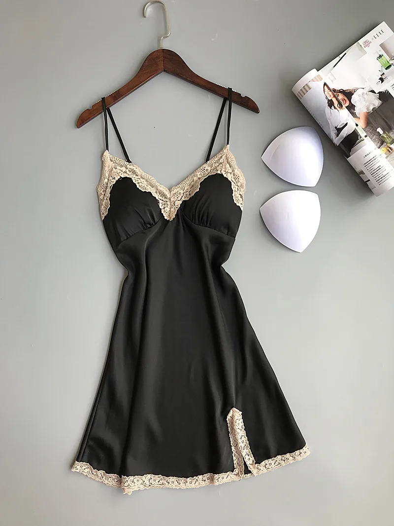 Lace Patched Woman Silky Smooth Slips with Pads Negligee Camisole Women Full Slips Nightgown Dress Sexy Lingerie 5 colors