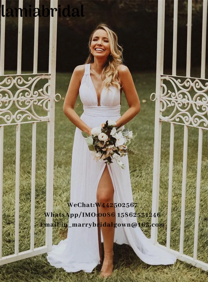 

Sexy Plus Size Boho Country Wedding Dresses 2019 Vestidos De Noiva A Line High Split Cheap Simple Hippie Beach Bridal Gowns