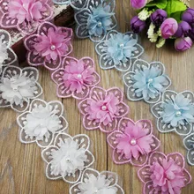 15Yards 3D Chiffon Flower Lace Fabric Floral With Pearl Wedding Decor Lace Applique Wedding Lace Trim DIY Craft floral lace yoke pearl detail top