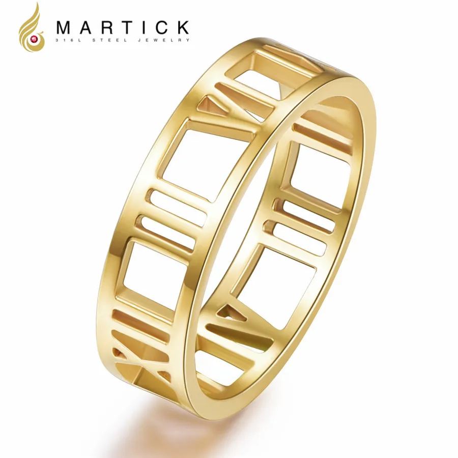 Stainless Steel Gold Color Plated Cut-out Roman Numeral Band Ring