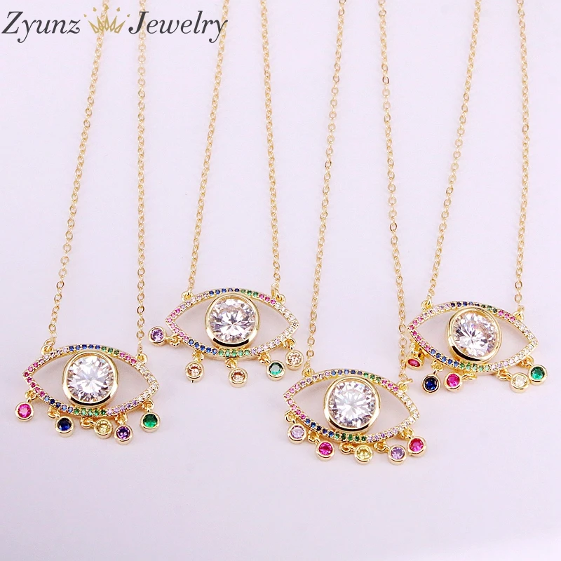 

10PCS, Multicolored CZ Rainbow Stone Eye with round dots charms Pendant Necklace Zirconia Crystal Jewelry for Woman