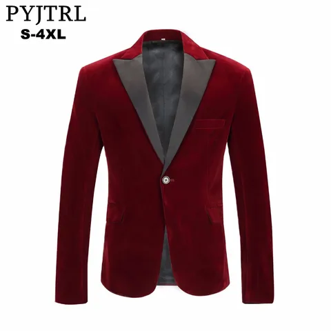 Masculino da Moda Pyjtrl Blazer Veludo Vinho Vermelho Lazer Casamento Noivo Singer Slim Fit