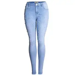 Большие размеры 26-32! Жемчуг бисером Джинсы для женщин модные Для женщин обтягивающие джинсы деним осень Высокая Талия джеггинсы
