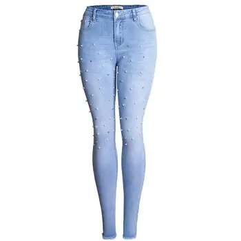 

plus size 26-32! Pearl Beaded Jeans fashion Women Skinny Jeans Denim Autumn High Waist pencil jeans