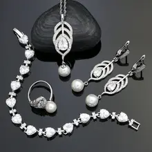 Свадебные 925 пробы серебряные свадебные ювелирные наборы белый жемчуг бусины Кристалл для женщин серьги кулон ожерелье браслет кольцо
