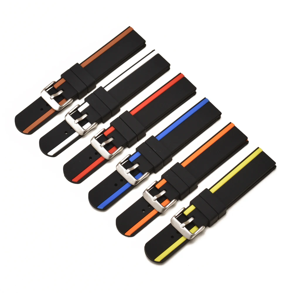 

20 22 24mm Silicone Bicolor Watch Band Exchange Rubber Wristband Replacement Soft Strap Belt Loop With Silver Pin Buckle