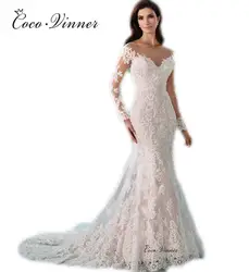 Свадебные платья с длинными рукавами в Дубае и русалочкой, красивое винтажное свадебное платье с кружевной аппликацией, 2019 vestido de noiva W0044