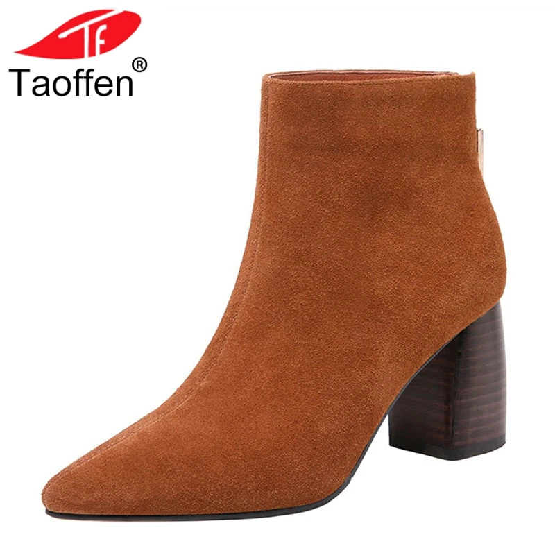

TAOFFEN 4 Colors Women High Heel Boots Real Leather Zipper Pointed Toe Ankle Boots Concise Shoes Woman Footwear Size 34-39