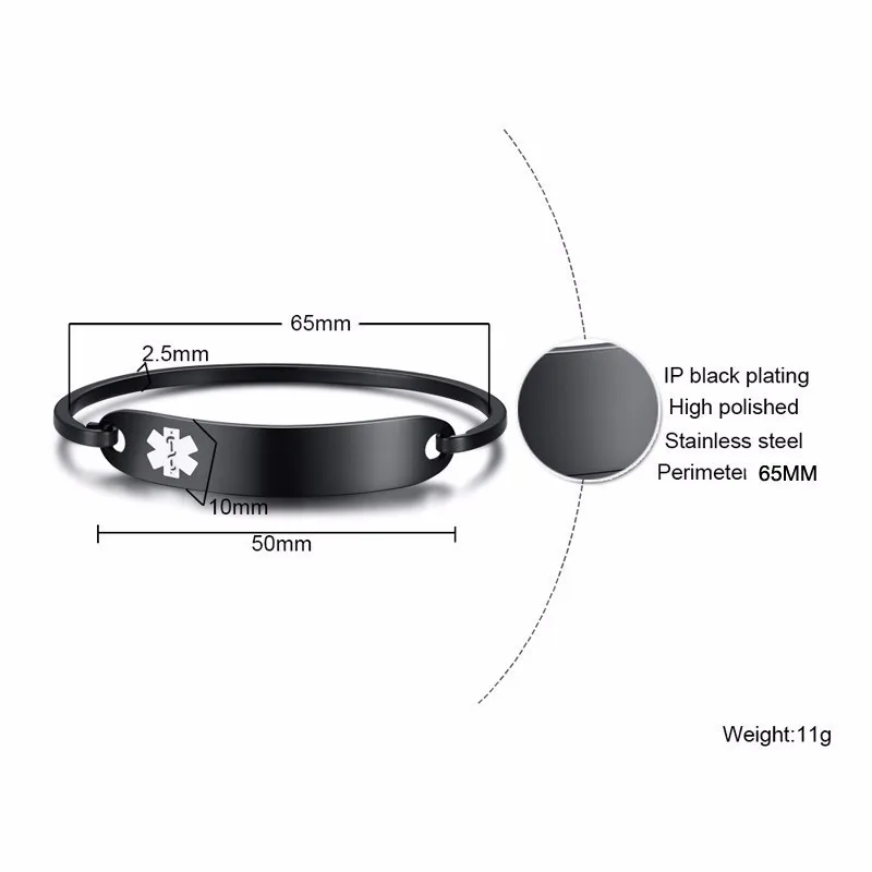 Черный медицинский оповещение ID браслеты для женщин нержавеющая сталь первой помощи манжета браслет гравировка - Окраска металла: 65MM