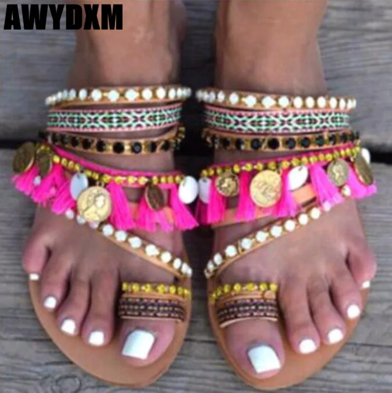 

Women slipper Summer National Style Open toe Flat Slide Ladies Handmade String Bead Casual Beach flip flops Women sandals S128