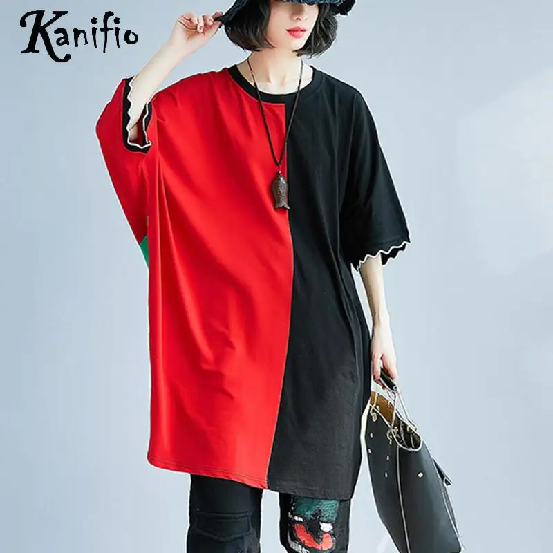 

Kanifio Brand Plus Size Women Apparel Fashion Ladies Batwing Sleeve Color Block T-Shirt Casual Tops Tees Loose Shirt Tunic Blusa