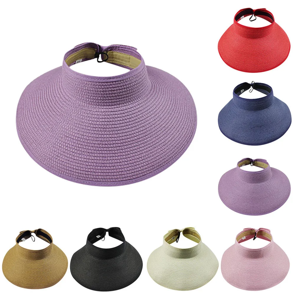 

Women Hat Summer Foldable Straw Sun Visor w/Cute Bowtie men casual fashion Hat
