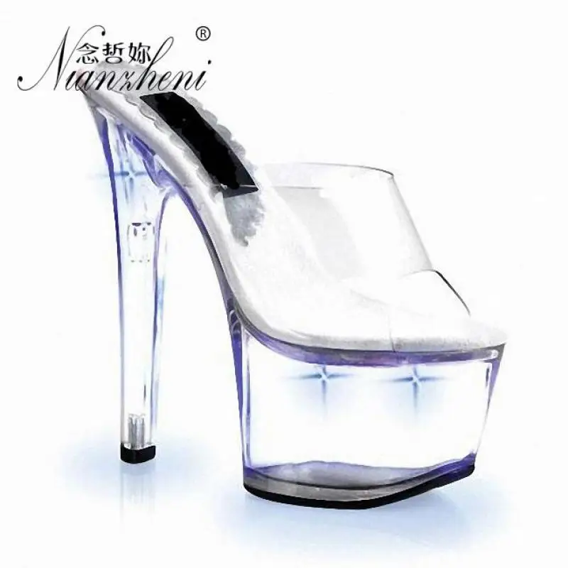 

17cm Womens Fashion Platform Ankle Strap Sandals Wedding Party Crystal Rhinestone Shoes 7 Inch Sexy Evening High Heels Slippers