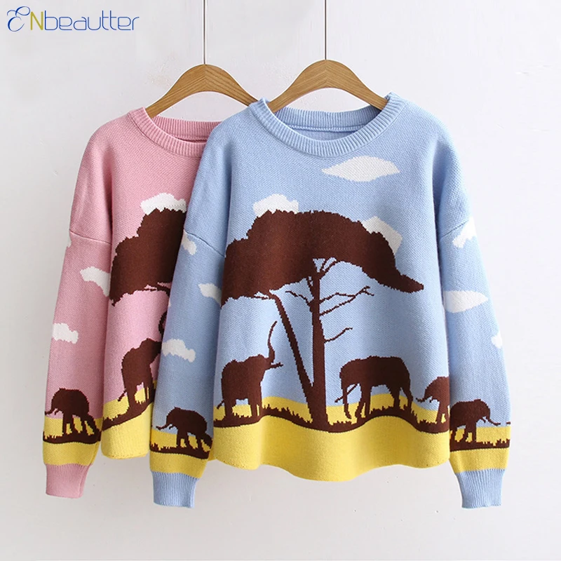 

ENbeautter Pullover Women Print Cartoon Elephant Tree Cute Kint Sweater For Sweet Girls Loose Casual Jumper Chandail De Filles