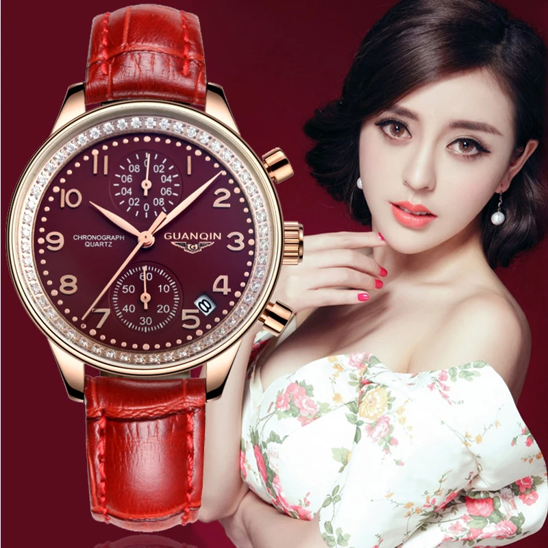 GUANQIN Luxury Watches Women New Fashion Rhinestone Dial Jewelry Quartz