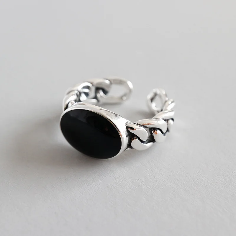 

100% Authentic 925 Sterling Silver Fine Jewelry Geometric Black Enamel Oval & Chain Band Long Ring J96