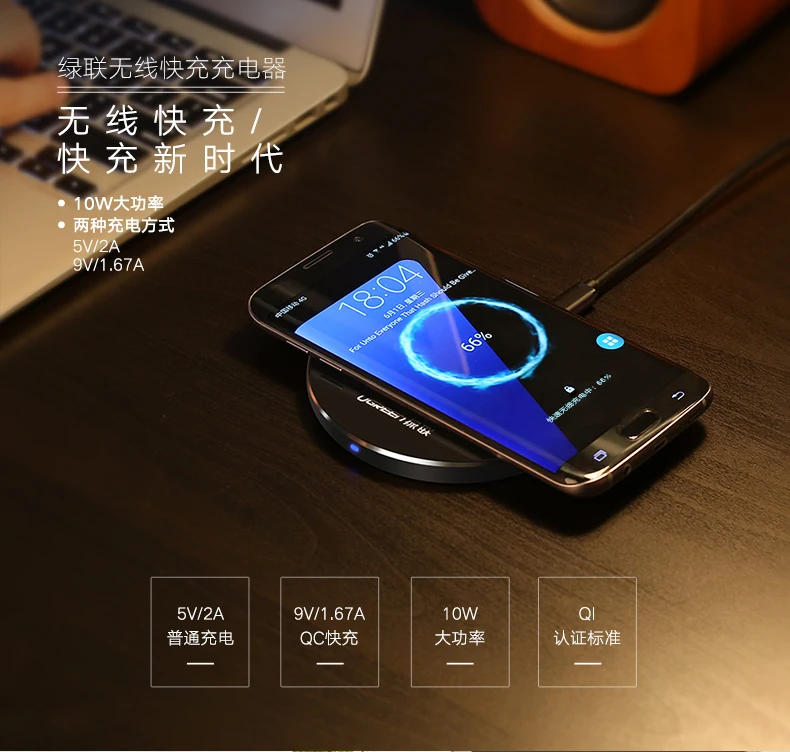 Ugreen 5 в 2A Быстрая Зарядка Qi Беспроводное зарядное устройство для Samsung S8 Plus Note 8 S7 S6 Edge QC зарядная подставка для iPhone X 8 Plus Nexus 6