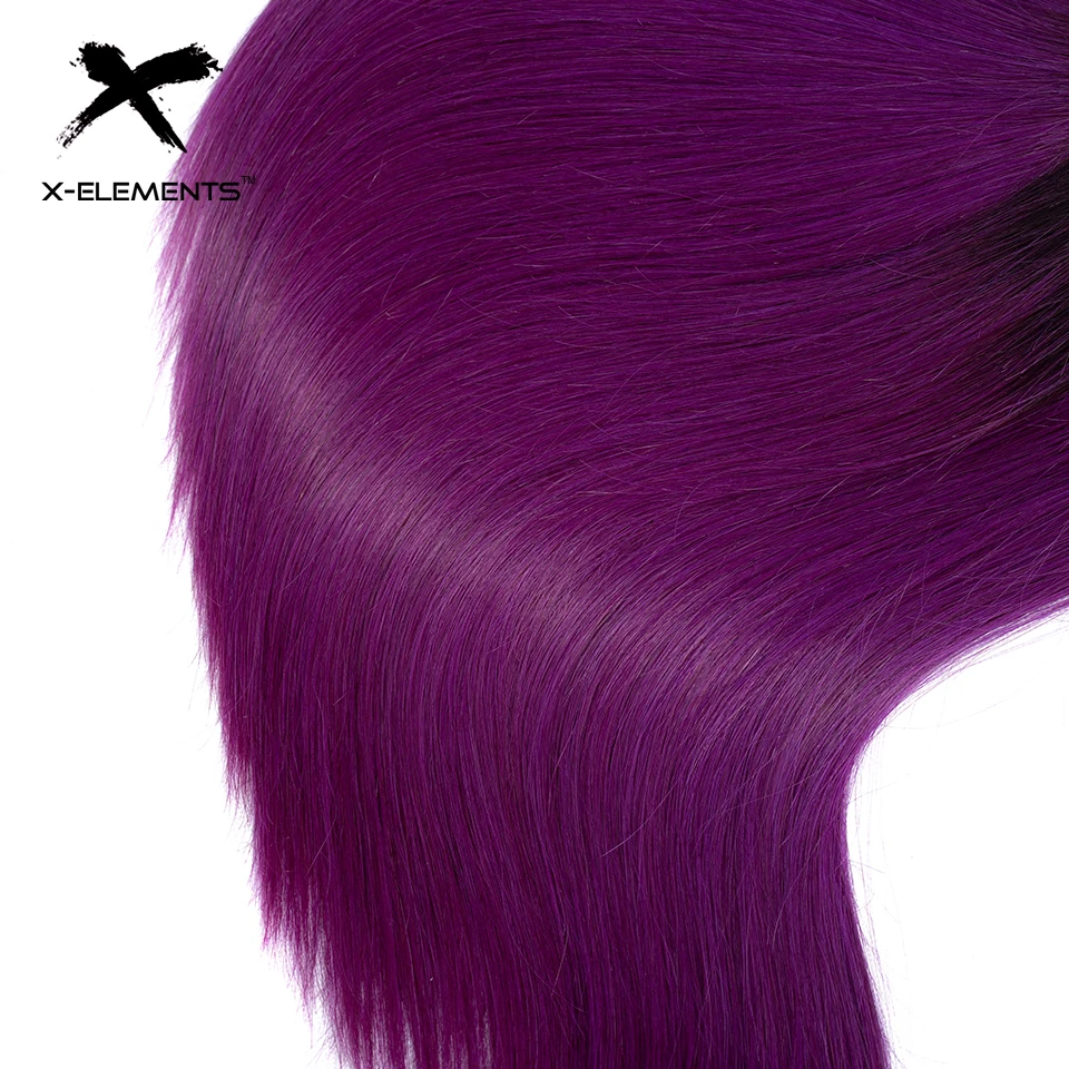 X-Elements Ombre Peruvian Straight Hair Bundles With Closure 3 Pcs with Closure T1B Purple Ombre Human Hair Weave With Closure  (12)