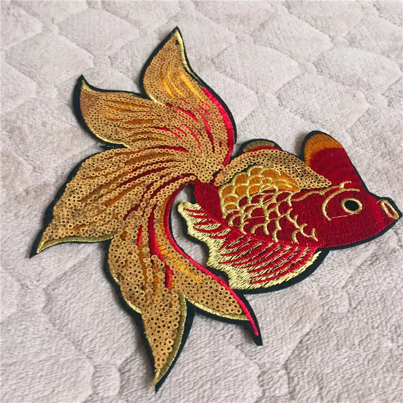

Cartoon Animal Fish Patch 1pc Big Size Computer Embroidery Badges Hand Sewing Ironing-On Sequined Patch Luckey Gold Fish DIY