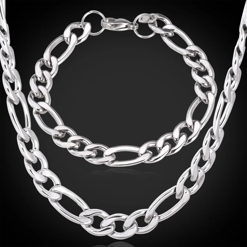 Figaro Chain Necklace Bracelet Men Jewelry Set 9MM Chunky Chains 22