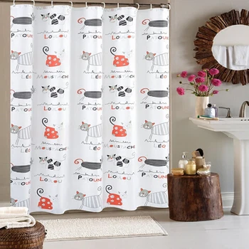 

Shower Curtain Polyester Cloth Waterproof Moldproof Cartoon White Cat Animal Bathroom Curtain 180x180cm/71x71'' W/ 12 Hooks C64