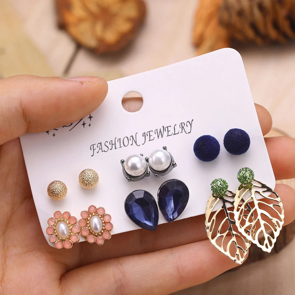 

17IF Fashion Stud Earrings Set Mixed for Women Bohemian Gold Color Leaf Flower Stone Statement Hang Brincos Jewelry 2019 NEW