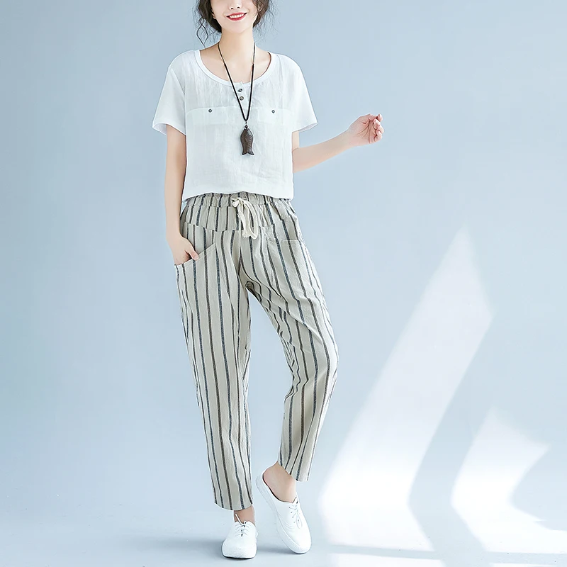 2019 Summer Cotton Linen Harem Pants Trousers Women Pockets Casual Drawstring Elastic High Waist Pants Vintage Pantalon Femme   9