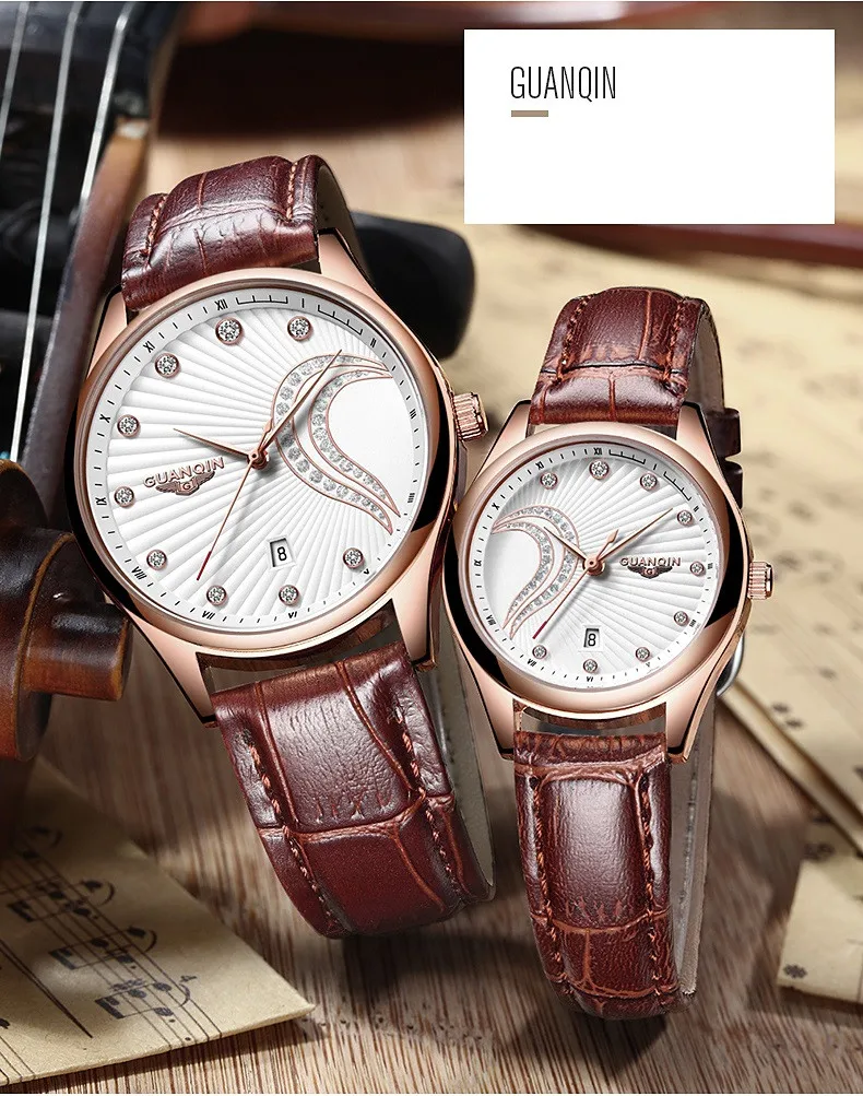 One Pair Newest Couple Watch GUANQIN Couple Wrist Watch Sapphire Quartz Casual Waterproof Lovers Watch Leather Strap Clock (13)