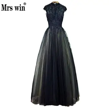

2018 Fashion Black Evening Dress Luxury Lace High Neck Zipper Black Long Party Dress Elegant Simple Prom Dress Vestido De Noiva