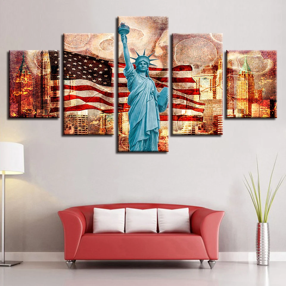Modern Prints Wall Art Poster Modular Canvas Pictures 5 Pieces American Flag Statue Of Liberty Scenery Painting Decor Room Frame | Дом и сад