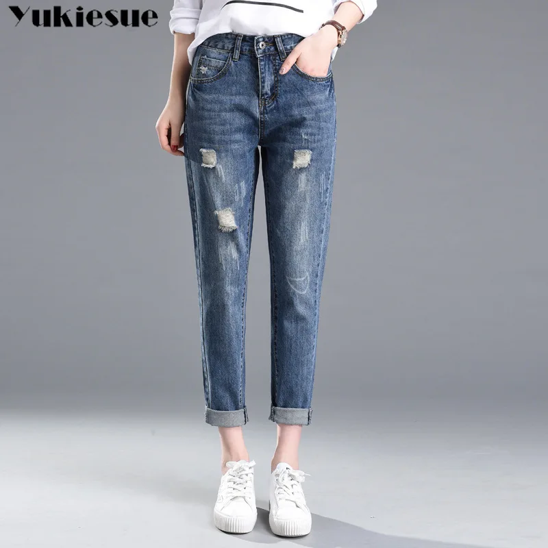 2018 Autumn High Waist mom jeans Female Boyfriend Jeans For Women Trousers Woman Pencil Pants Denim Ripped Jeans Plus Size