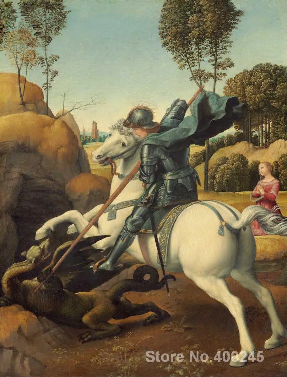 

Painting by Raphael sanzio Saint George and the Dragon Redroom decor oil on Canvas Handmade High quality