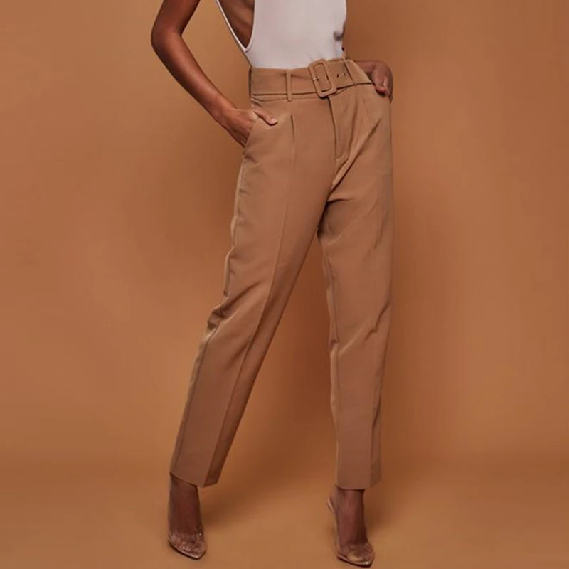 Осенний высокий Повседневный поясной ремень брюки женские модные прямые карманы офисные женские брюки уличные женские брюки - Цвет: 02