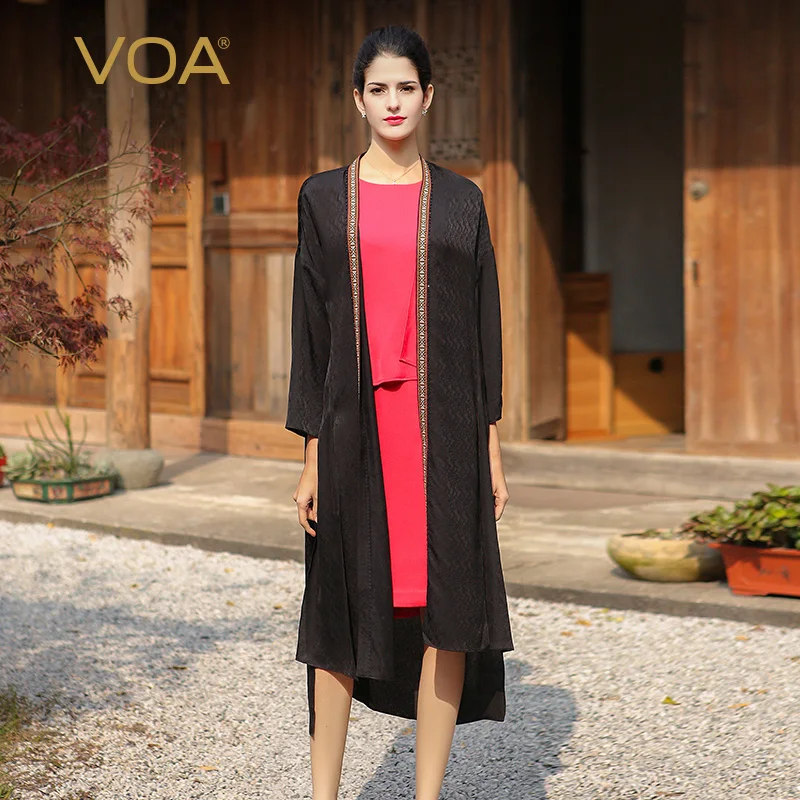 

VOA Silk Jacquard Thin Coat Black Brief Plus Size Loose Women Clothing Simple Solid Casual Long Trench Outerwear Spring F7584