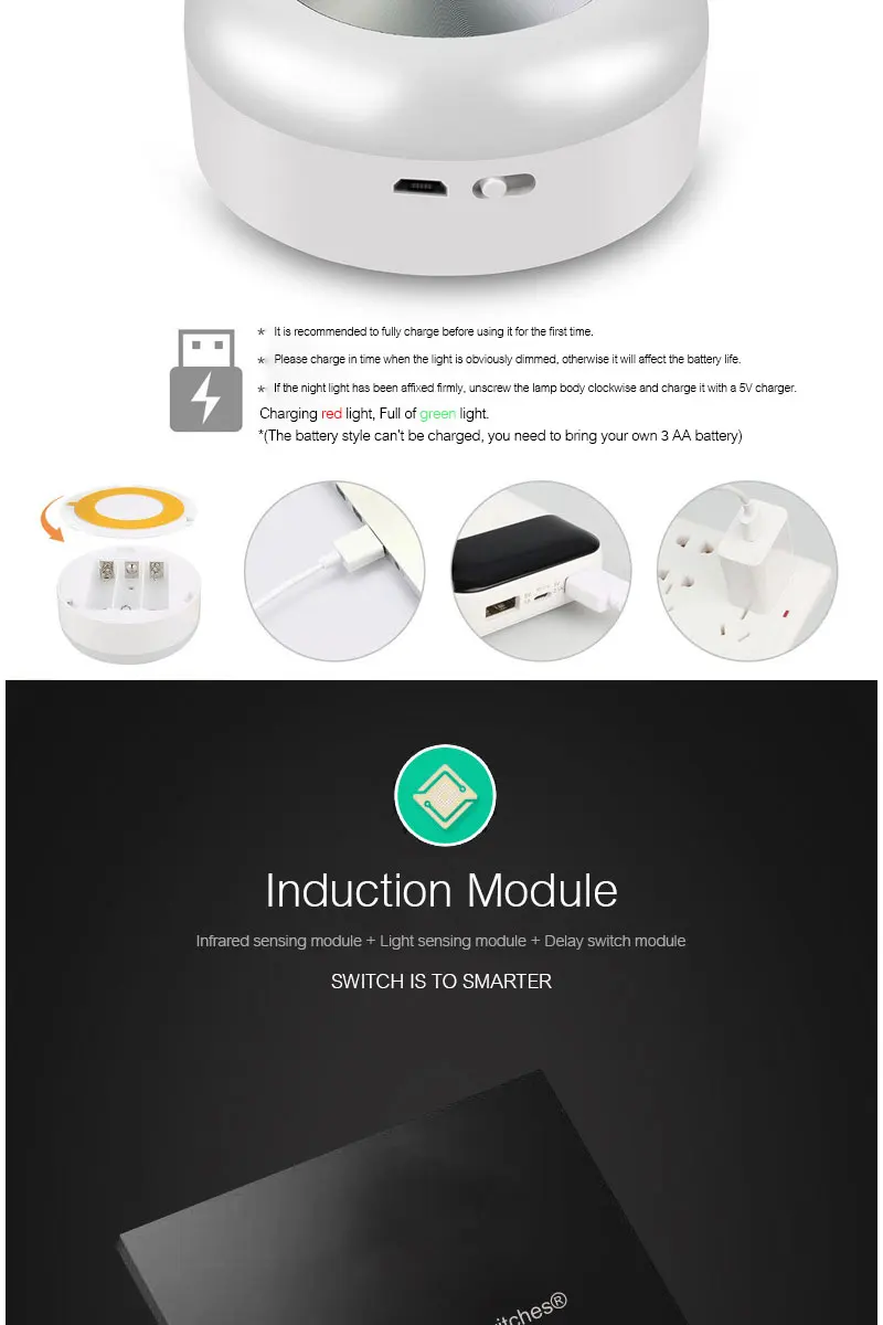  Woodpow LED PIR Body Motion Sensor Night Light AA Rechargeable Induction Lamp Infrared Sensing For Closet Wall Cabinet Corridor (8)