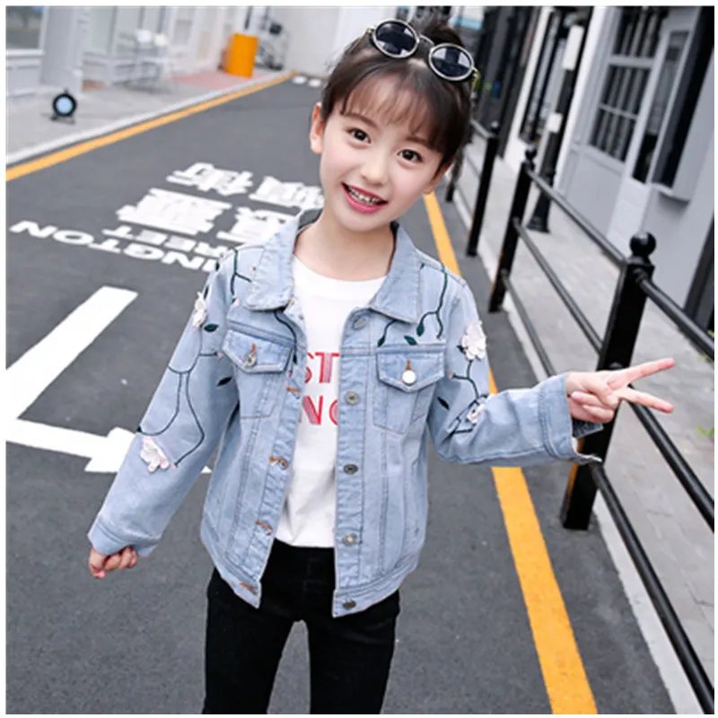

[Bosudhsou] mcf-1 New Spring Autumn Girls Coat Baby Kids Floral Denim Fashion Outwear Baby Kids Coats Jacket Children Clothing