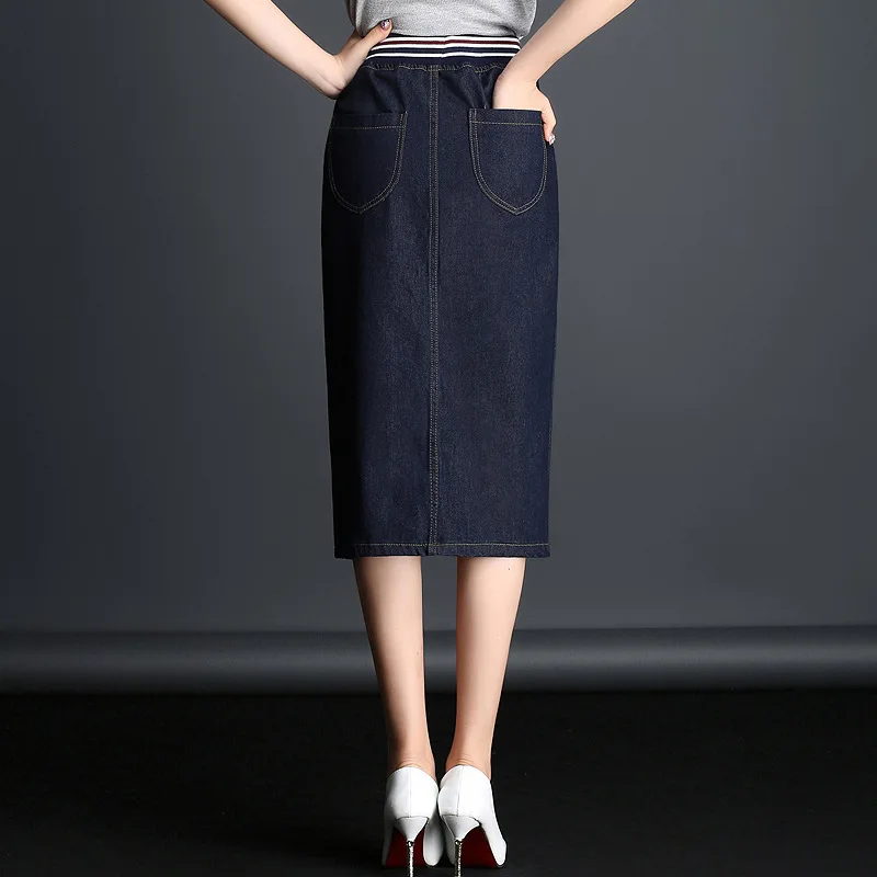 

Plus Size S-3XL Women Denim Skirt 2019 Spring Summer High Elastic High Waist A-Line Pocket Slim Female Sexy Skirts Female Jeans
